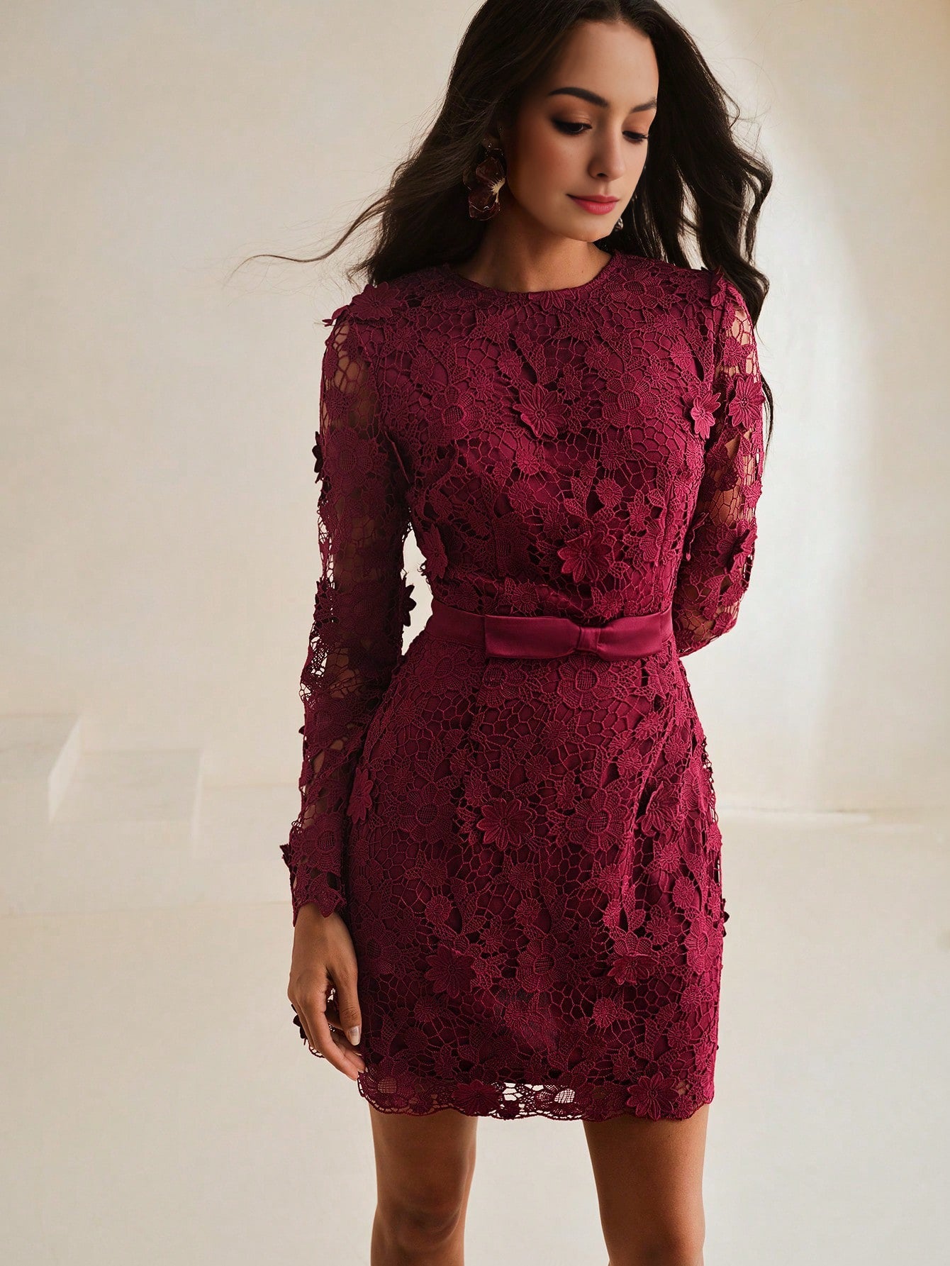 Isabella Fit Long Sleeve Elegant Lace Peplum Slim Dress