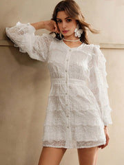 Isabella V-Neck Solid Color Puff Sleeve Lace Patchwork Elegant Long Sleeve Dress