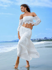 Isabella Sexy White Off-Shoulder Lantern Sleeve Bustier Top With Hollow Out Embroidery