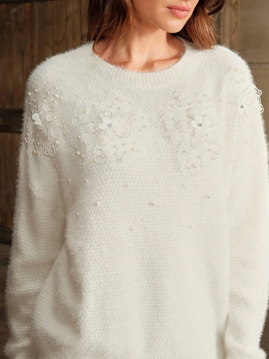 Isabella Crystal & Lace Decor 3D Floral Knitted Loose Fluffy Sweater