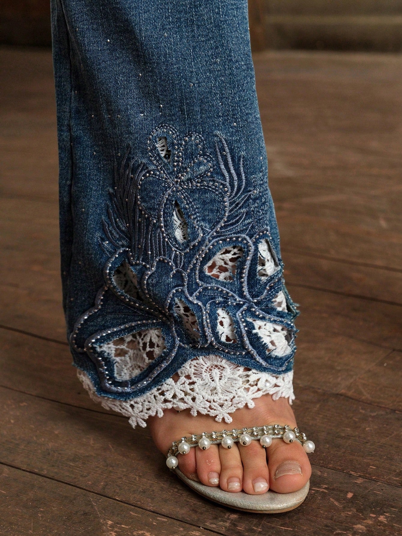 Isabella Blue Embroidered Flared Bottom Lace Trim Jeans