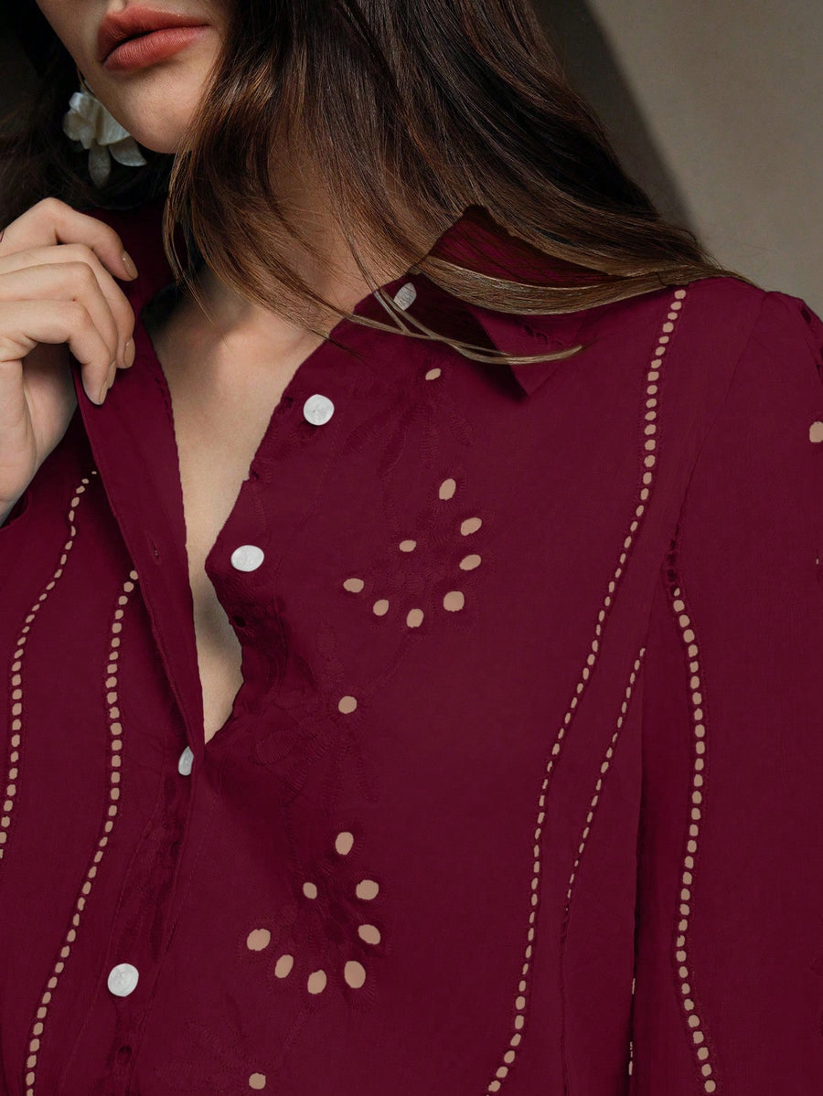 Isabella Lapel Long Sleeve Hollow Embroidery Casual Shirt