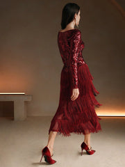 Isabella Sequined Splice Tassel Elegant Modern Cocktail Party Dress