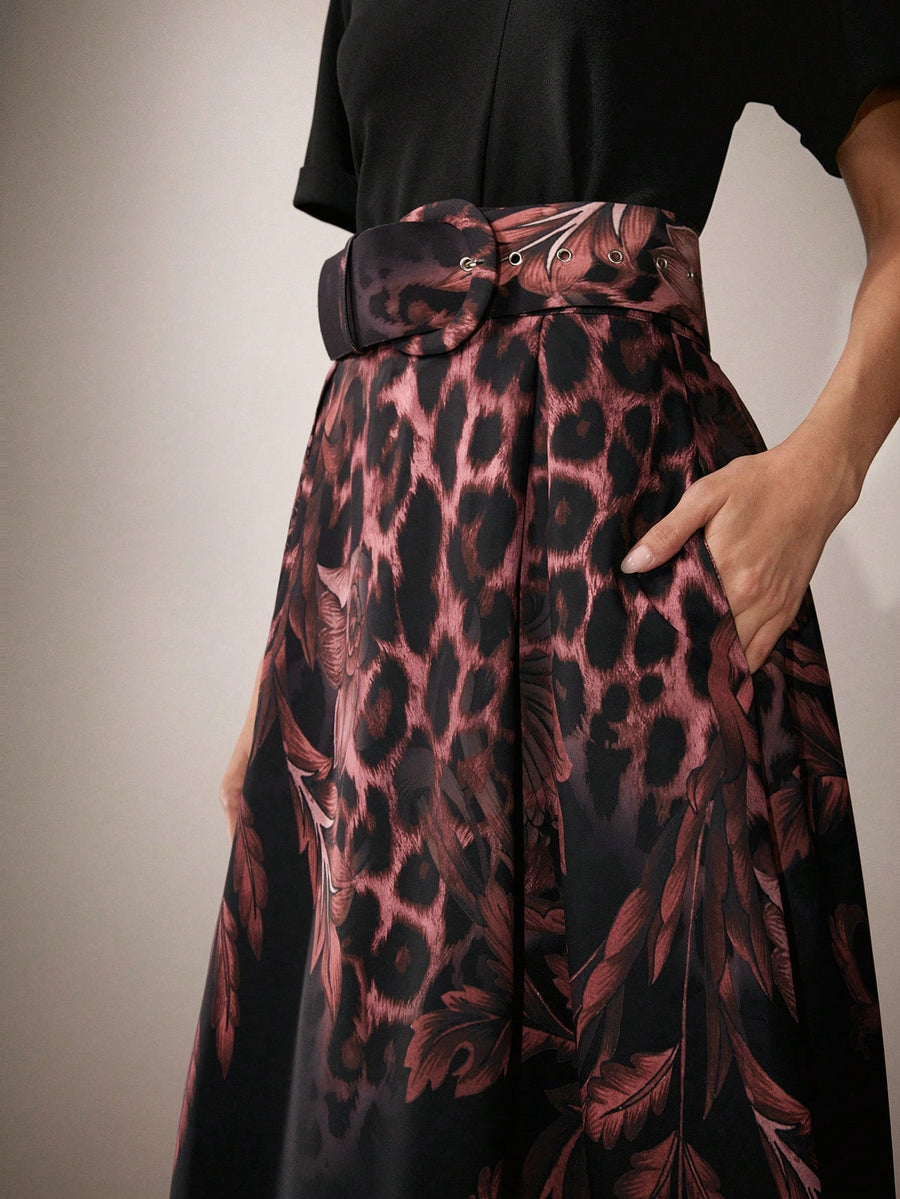 Isabella Elegant Floral & Leopard Print Waist Tie A-Line Skirt