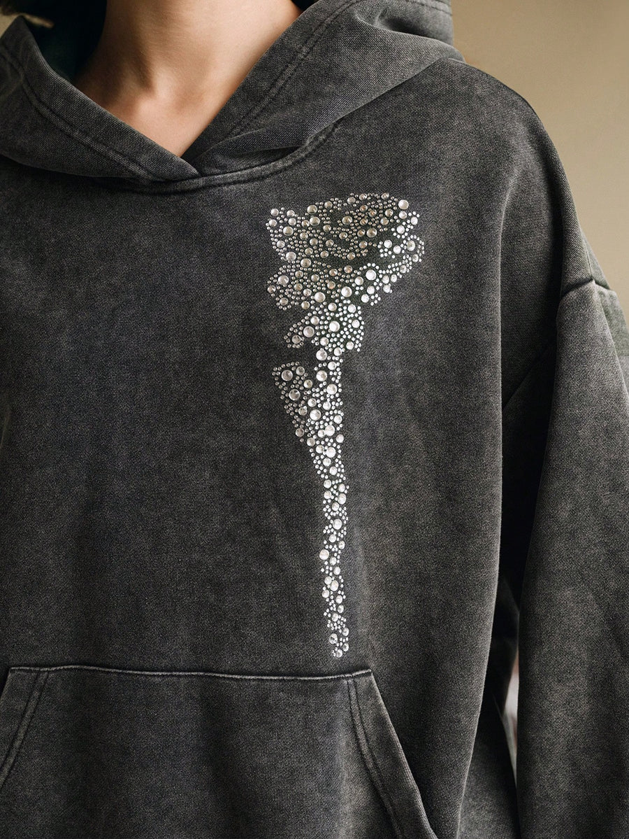 Isabella Casual Floral Rhinestone Decor Oversized Hoodie Top-Detailed close-up