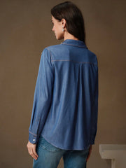 Isabella Fashion Elegant Pearl Decorated Denim Blouse