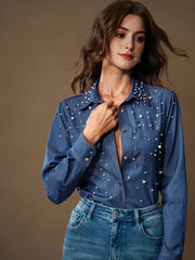 Isabella Fashion Elegant Pearl Decorated Denim Blouse