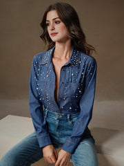 Isabella Fashion Elegant Pearl Decorated Denim Blouse