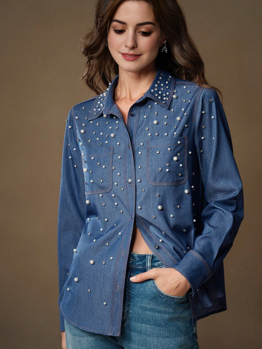 Isabella Fashion Elegant Pearl Decorated Denim Blouse