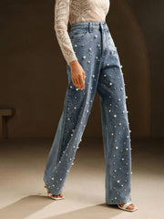 Isabella High Waist Fashion Pearl Embellished Straight Loose Wide Leg Jeans