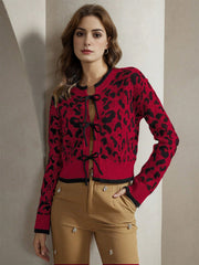 Isabella Leopard Print Lace-Up Elegant Knit Cardigan