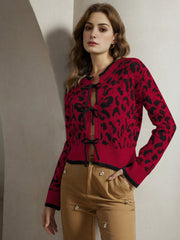 Isabella Leopard Print Lace-Up Elegant Knit Cardigan