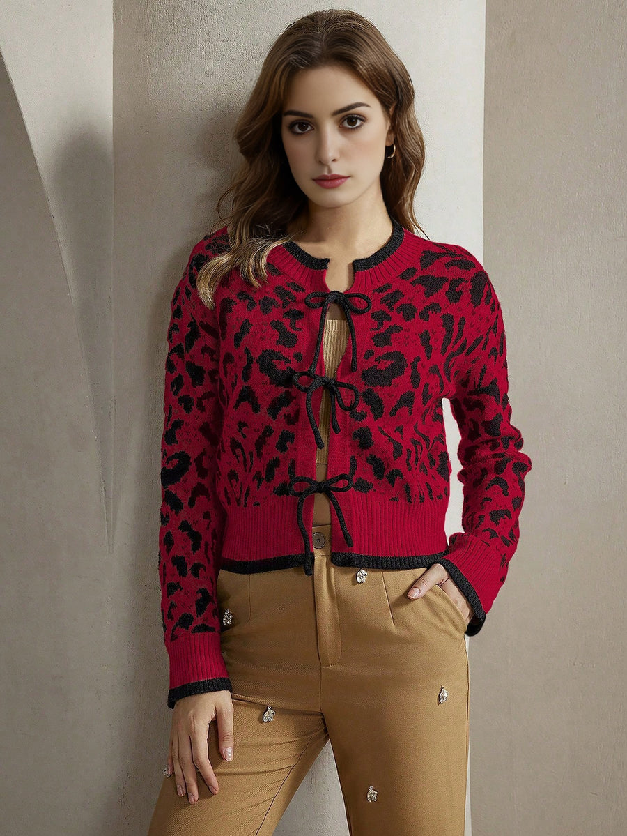 Isabella Leopard Print Lace-Up Elegant Knit Cardigan