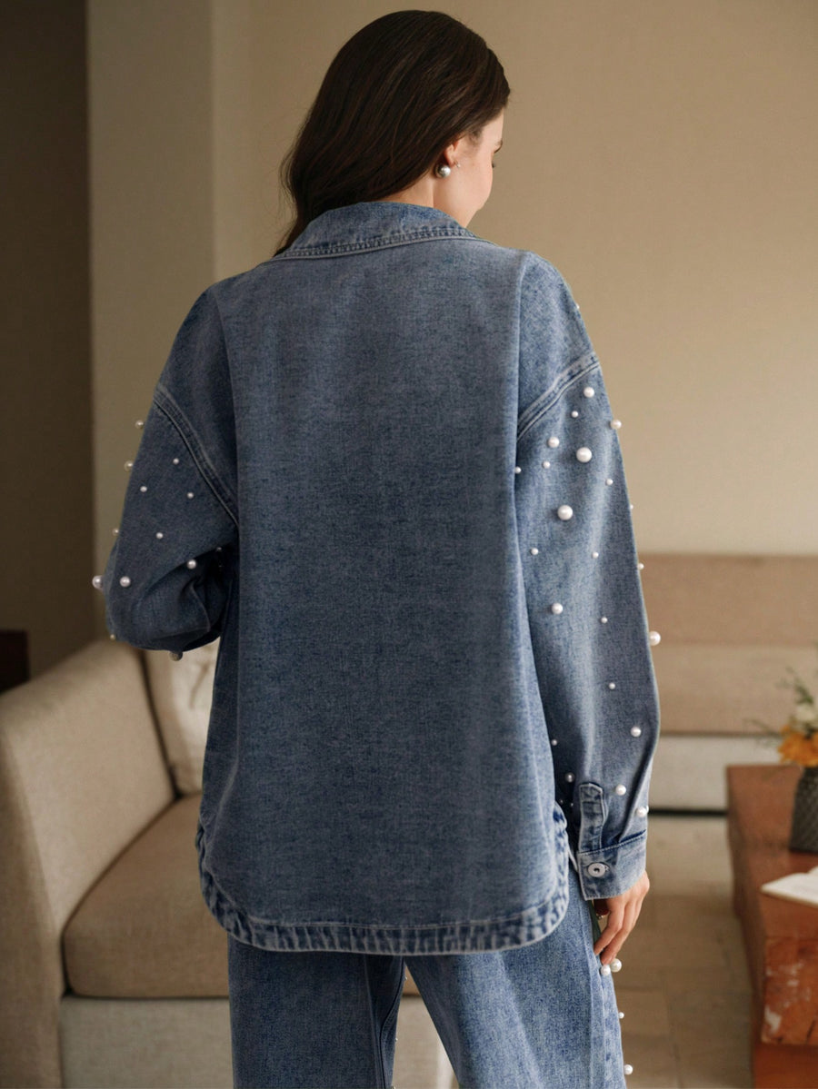 Isabella Elegant Pearl & Rhinestone Decorated Denim Blouse