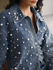 Isabella Elegant Pearl & Rhinestone Decorated Denim Blouse