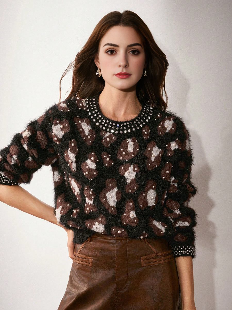 Isabella Leopard Print Beaded Crew Neck Long Sleeve Sweater