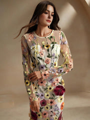 Isabella Crew Neck Long Sleeve Slit 3D Floral Vacation Casual Dress