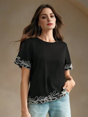 Isabella Embroidered Round Neck Short Sleeve Casual Vacation Blouse