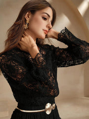 Isabella Lace Trim Hollow Out Round Neck Elegant Vacation Long Sleeve Blouse