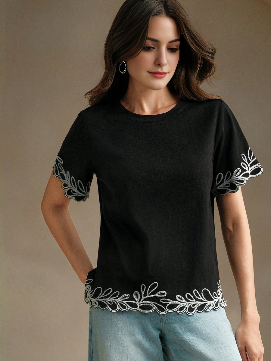 Isabella Embroidered Round Neck Short Sleeve Casual Vacation Blouse