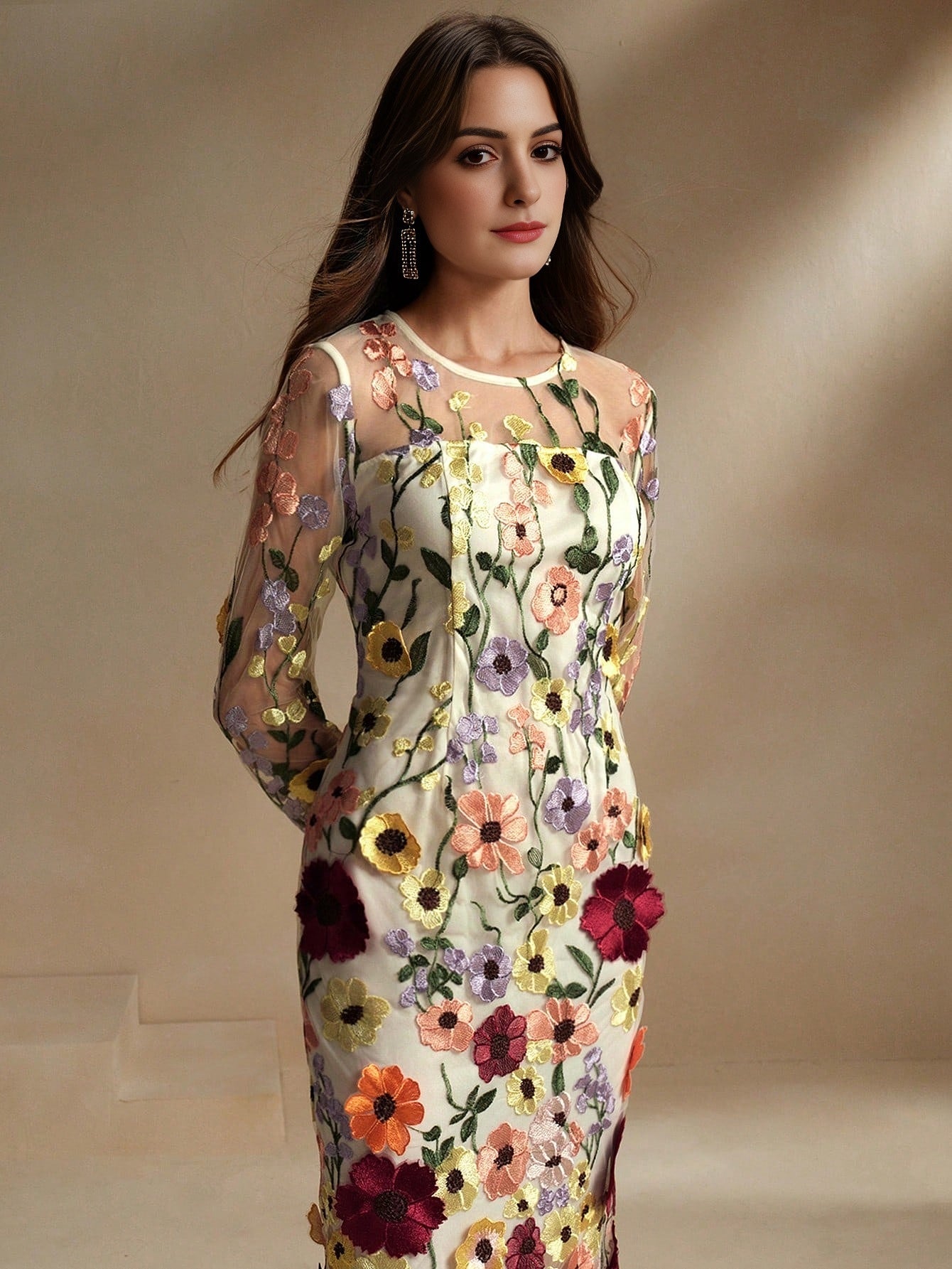 Isabella Crew Neck Long Sleeve Slit 3D Floral Vacation Casual Dress