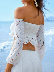 Isabella Sexy White Off-Shoulder Lantern Sleeve Bustier Top With Hollow Out Embroidery