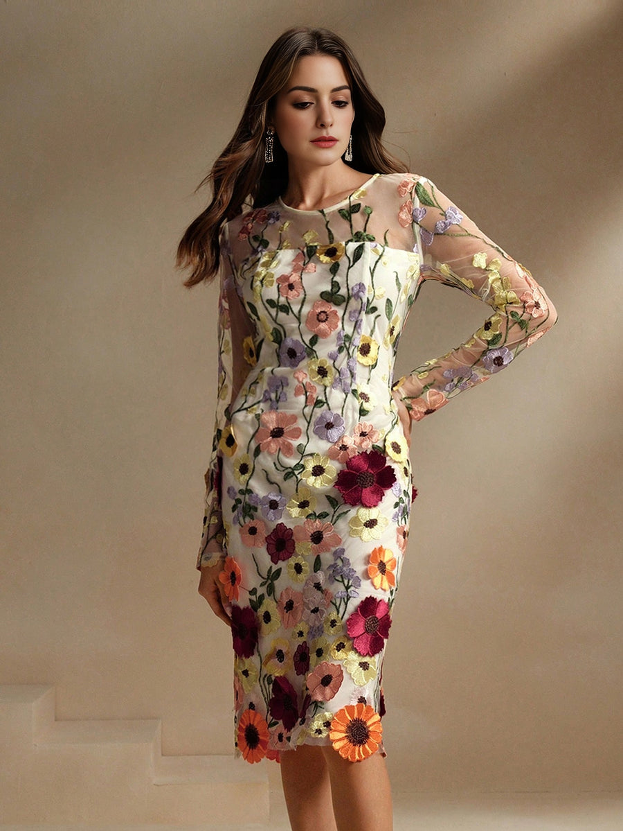 Isabella Crew Neck Long Sleeve Slit 3D Floral Vacation Casual Dress