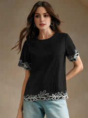 Isabella Embroidered Round Neck Short Sleeve Casual Vacation Blouse