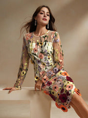 Isabella Crew Neck Long Sleeve Slit 3D Floral Vacation Casual Dress