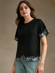 Isabella Embroidered Round Neck Short Sleeve Casual Vacation Blouse