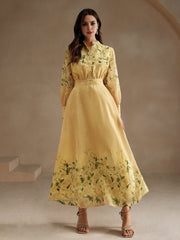 Isabella Mandarin Collar Lantern Sleeve Yellow Floral Print Elegant Vacation Dress