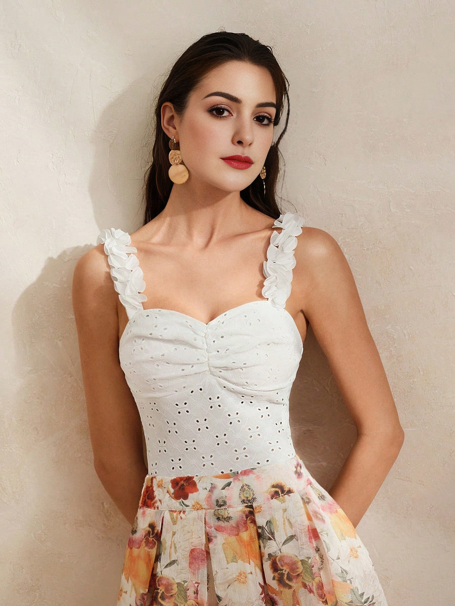 Isabella White Embroidered 3D Flower Strap Sleeveless Casual Vacation Camisole Top