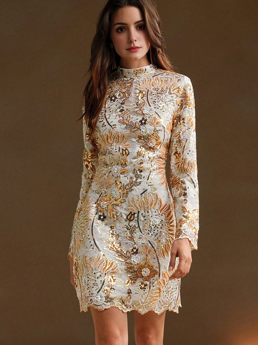 Isabella Stand Collar Long Sleeve Luxury Embroidered & Sequin Waist Fitted Dress