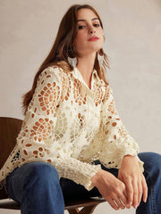 Isabella Women's Button Down Long Sleeve Eyelet Embroidered Loose Casual Blouse