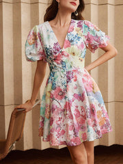 Isabella V-Neck Puff Sleeve Floral Print Elegant Vacation Dress