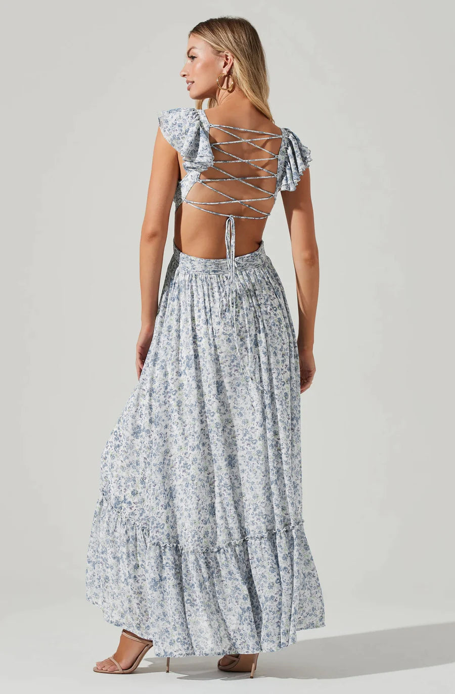 Primrose Floral Strappy Back Maxi Dress Pale Blue