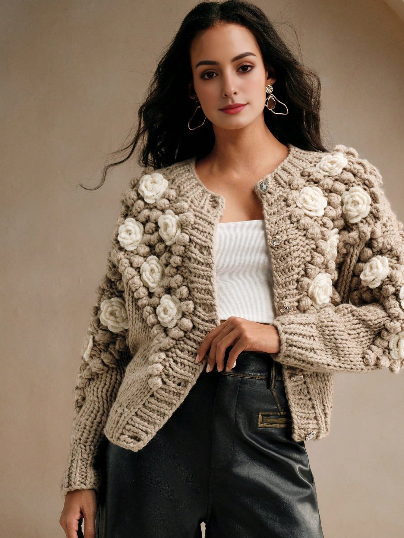 Isabella Crew Neck Long Sleeve Thick Knitted Loose Casual Sweater Jacket