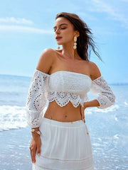 Isabella Sexy White Off-Shoulder Lantern Sleeve Bustier Top With Hollow Out Embroidery