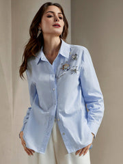 Isabella Elegant Jewel Decor Lapel Long Sleeve Work Shirt