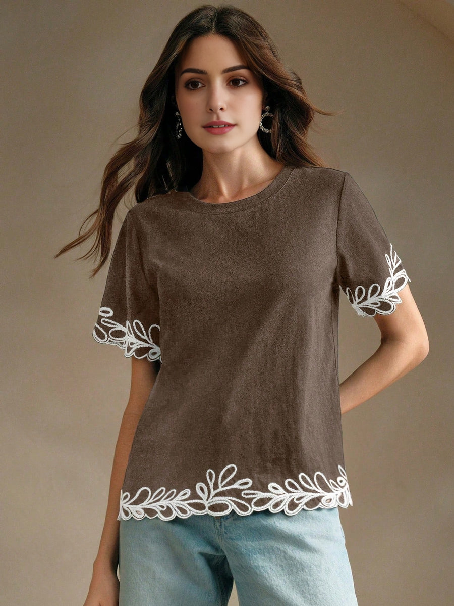 Isabella Embroidered Round Neck Short Sleeve Casual Vacation Blouse