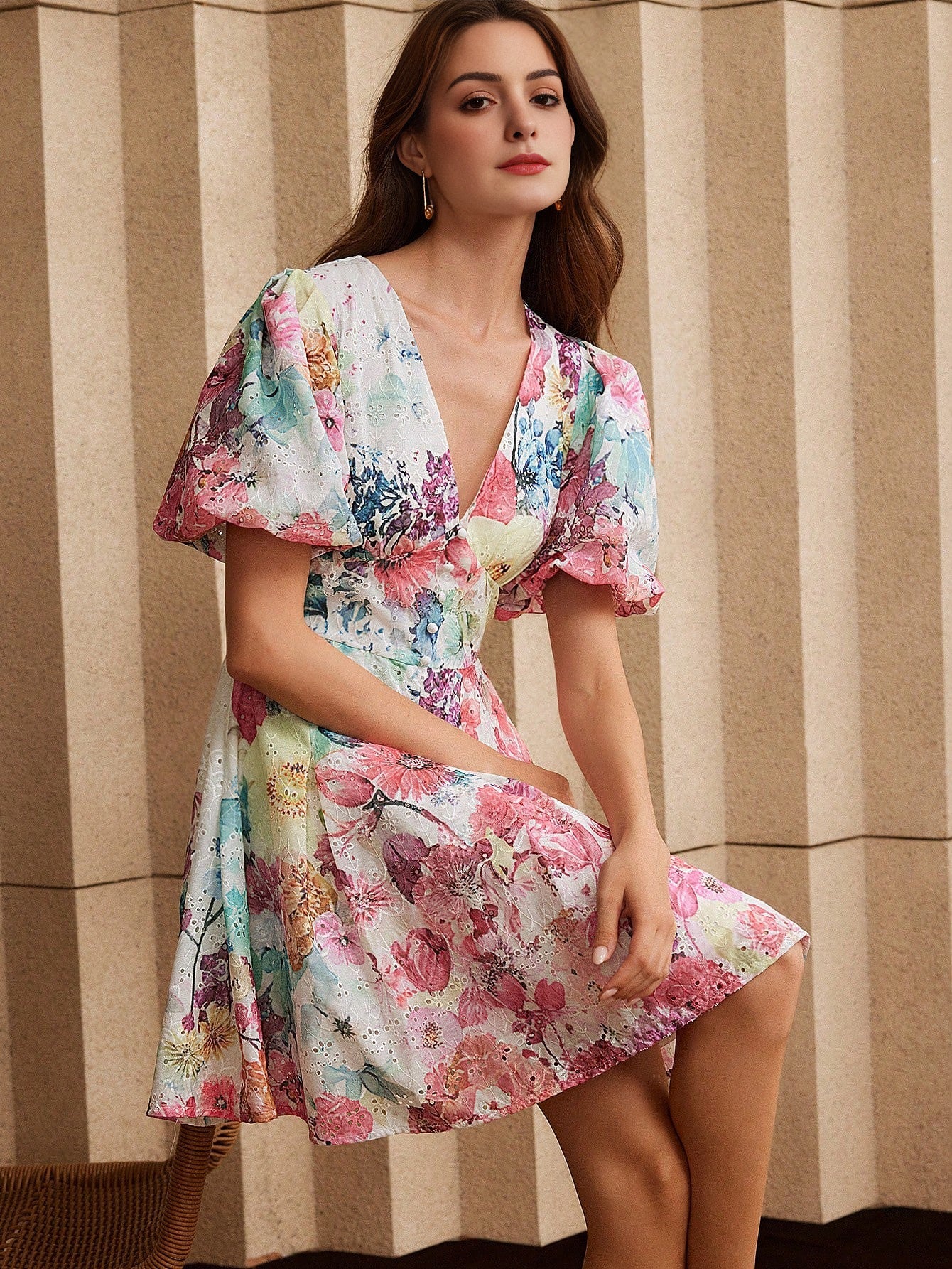 Isabella V-Neck Puff Sleeve Floral Print Elegant Vacation Dress