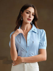 Isabella Women's Blue Bubble Short Sleeve Shirt With Rhinestone Embellishment Collar, Casual Summer