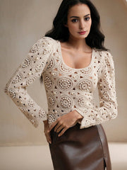 Isabella Elegant Hollow Out Retro Crochet Lantern Sleeve Blouse