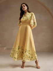 Isabella Mandarin Collar Lantern Sleeve Yellow Floral Print Elegant Vacation Dress