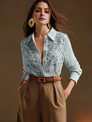 Isabella Casual Apricot Floral Applique Collar Long Sleeve Sequin Splice Chiffon Blouse