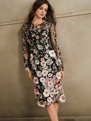 Isabella Crew Neck Long Sleeve Slit 3D Floral Vacation Casual Dress