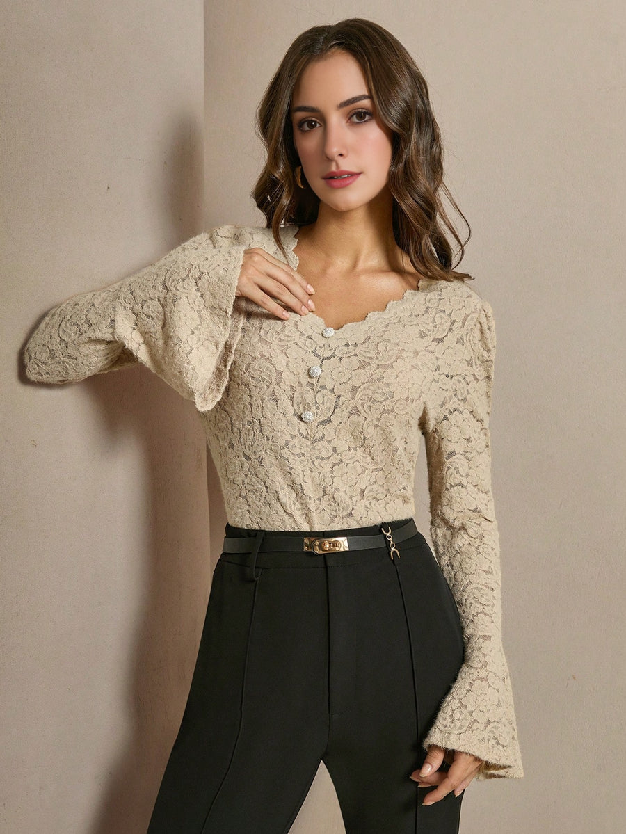 Isabella Sexy Hollow V-Neck Flare Sleeve Elegant Blouse