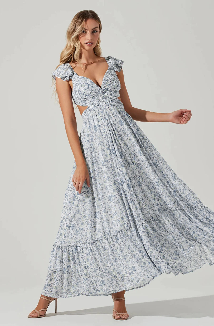 Robe longue à bretelles dans le dos à motif floral Primrose bleu pâle 