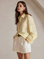 Isabella Women's Hollow-Out Embroidered Fabric Shirt With Floral Lace Hemline