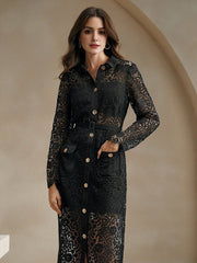 Isabella Long Sleeve Collared Embroidered Cinched Waist Holiday Dress